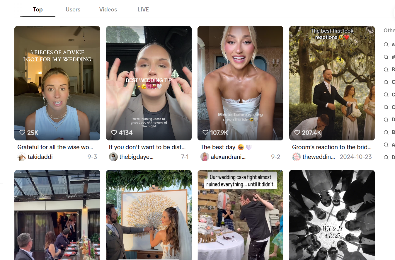 Examples of short-form wedding content in a social feed